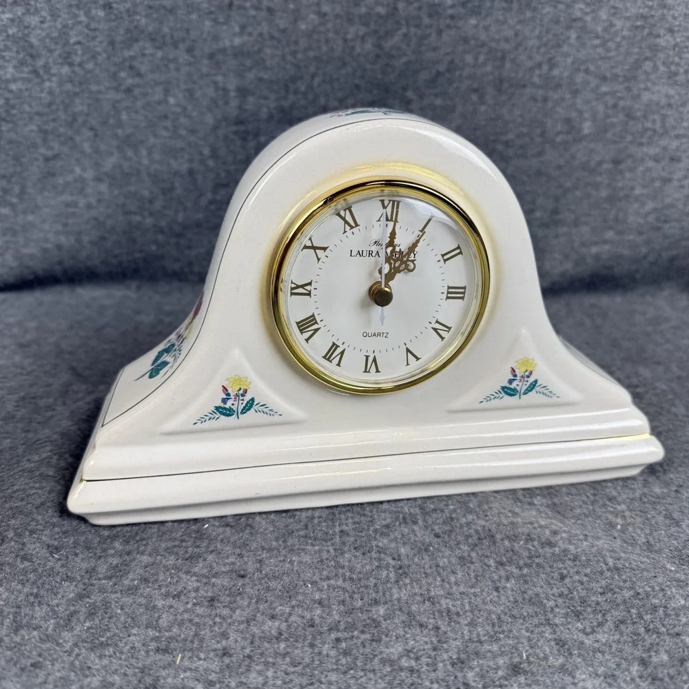 Vintage Laura Ashley Floral Mantel Clock White Ceramic Quartz Analog Table Decor
